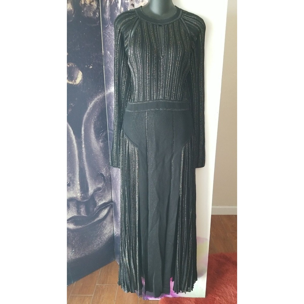 ROBERTO CAVALLI Women‎ Metallic Shimmer Long Sleeve Front Slits Pleat Dress TP01